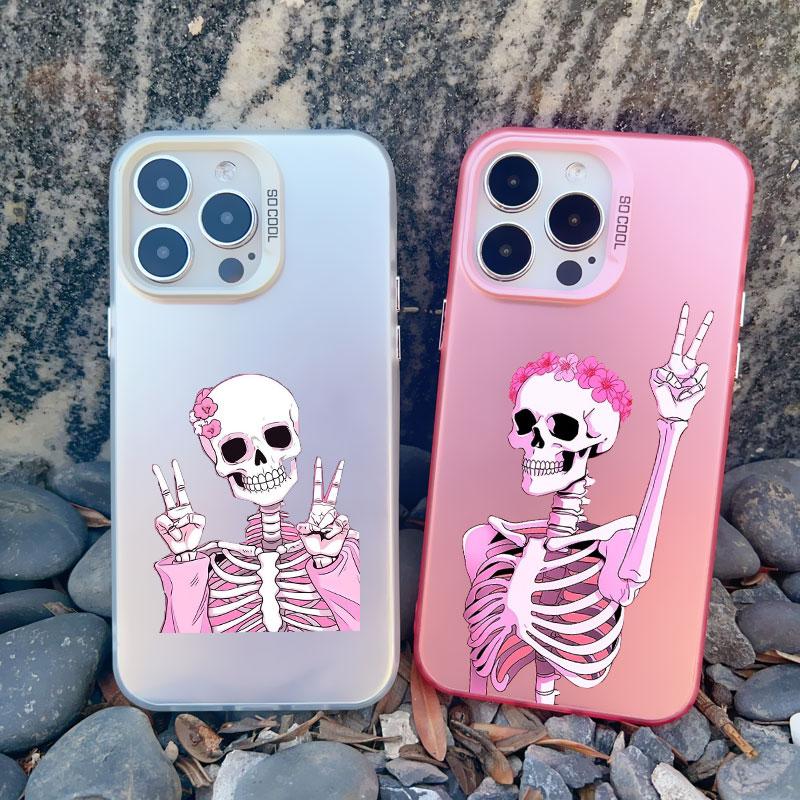 Fashion Pink Skeleton Ghost Laser Phone Case for iPhone 16 12 13 Mini 11 Pro Max 14 15 Pro Max 16 15 14 Plus Shockproof Covers