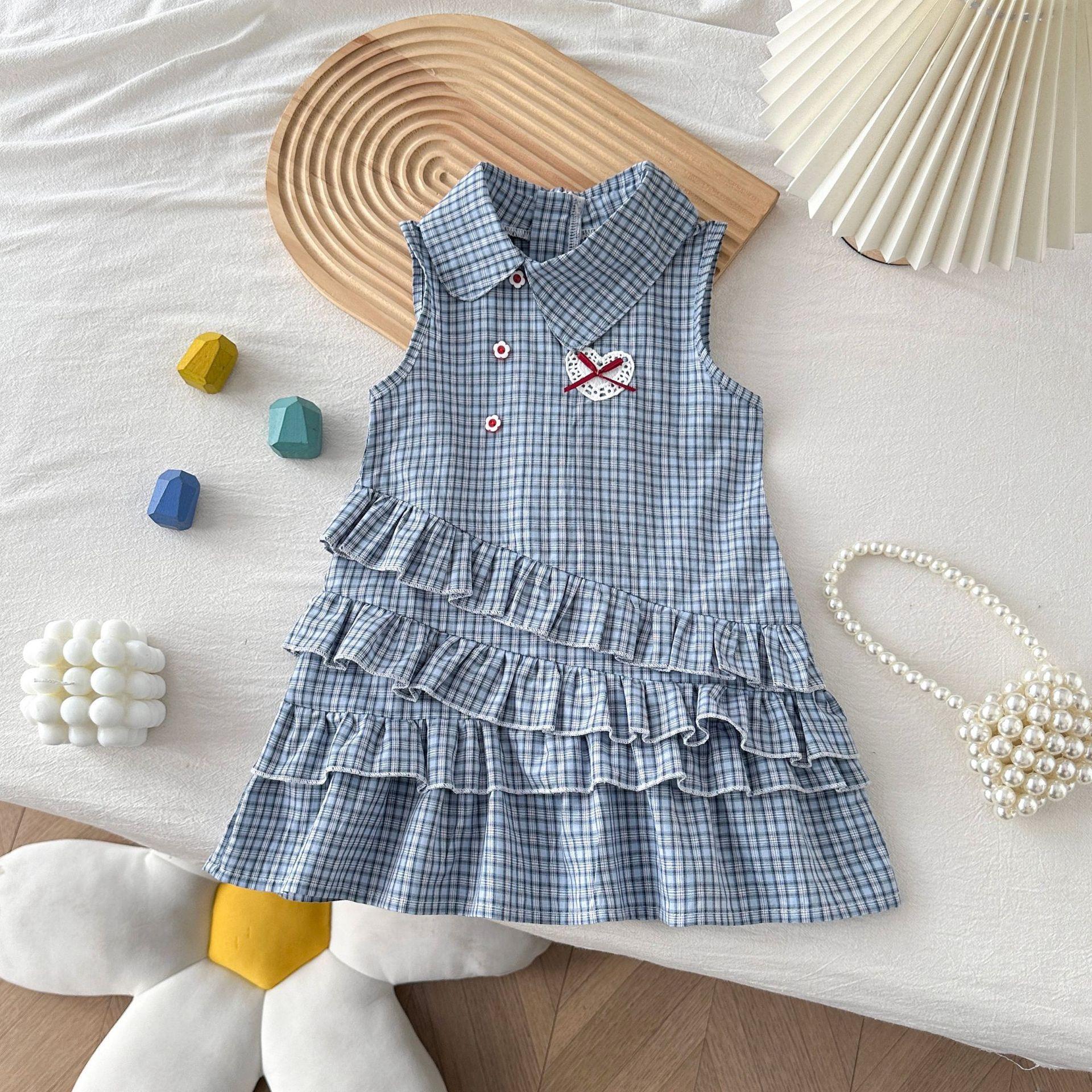 Girls Summer Preppy Sleeveless Tiered Dress Sweet La Splicing Cake Skirt For Kids 90cm