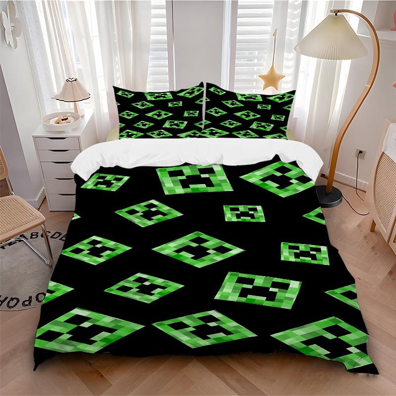 3pcs Minecraft Creeper Face Home Bedding Set-Universal Three-Piece Suit for Bedroom, Guest Room, Living Room, Hotel-Perfect Gift for Fans, T