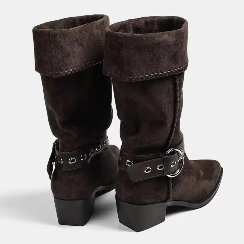 Long Tube Block Heel Pointed Toe Western Short Dumping Boots Women's 2025 New Mid-Tube Knight Boots