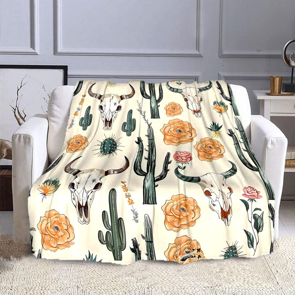 Western Skull and Cactus Pattern Patterned Flannel Blanket Perfect for the Bedroom Living Room, Sofa, or a Little Nap