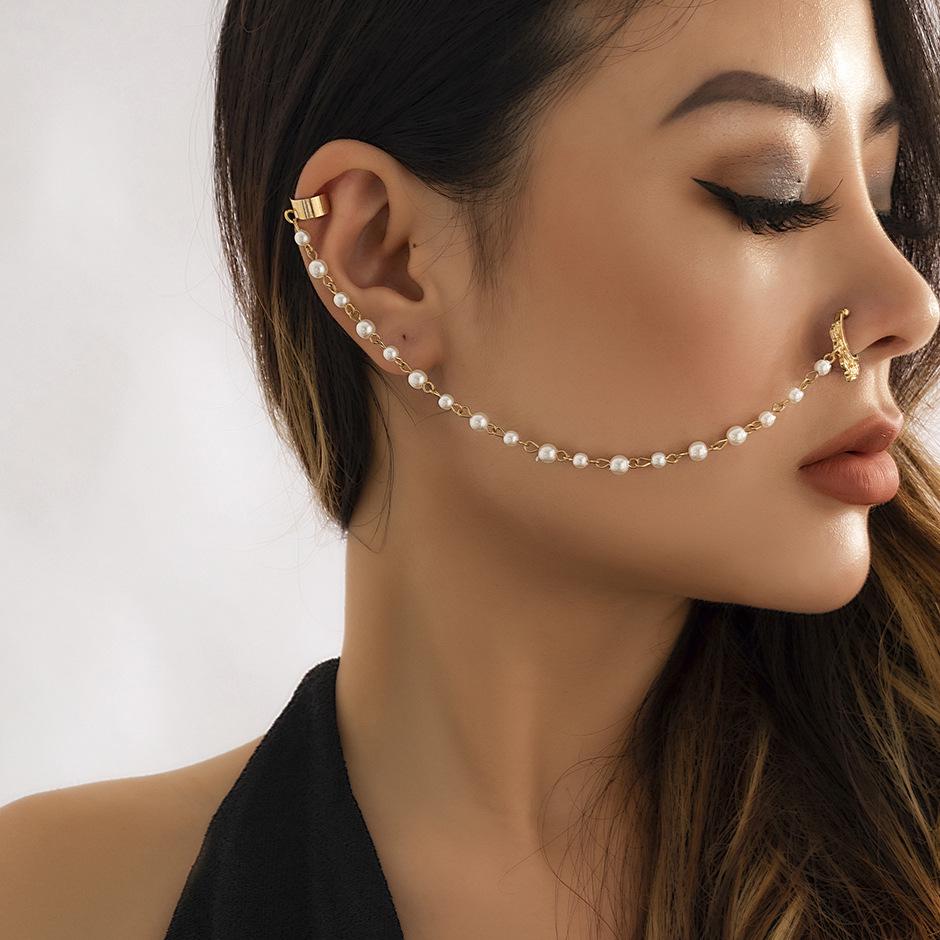 European & American Punk-Style Imitation Pearl Butterfly Tassel Earrings & Nose Clip for Women
