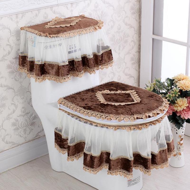 Universal European Style Double-Sided Toilet Seat Cover Set with Zippered Lace Fabric - All Seasons, Three-Piece Set.