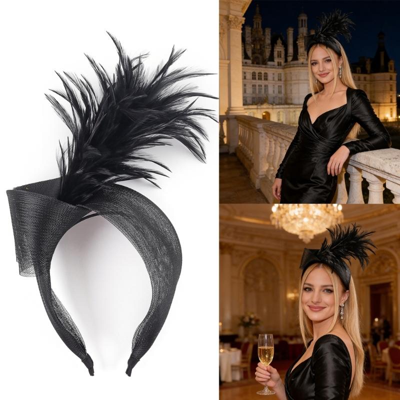 Elegant Feather Hairband with Tulle Bows Old Style Mesh Headband for Women Girls Wedding Party Photo Shoot Accessories