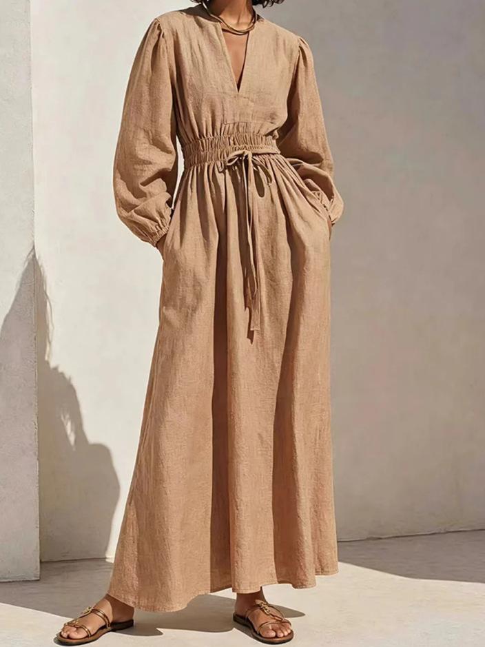 2026 autumn and winter new solid color V-neck long-sleeved tie-up waist women s dress S