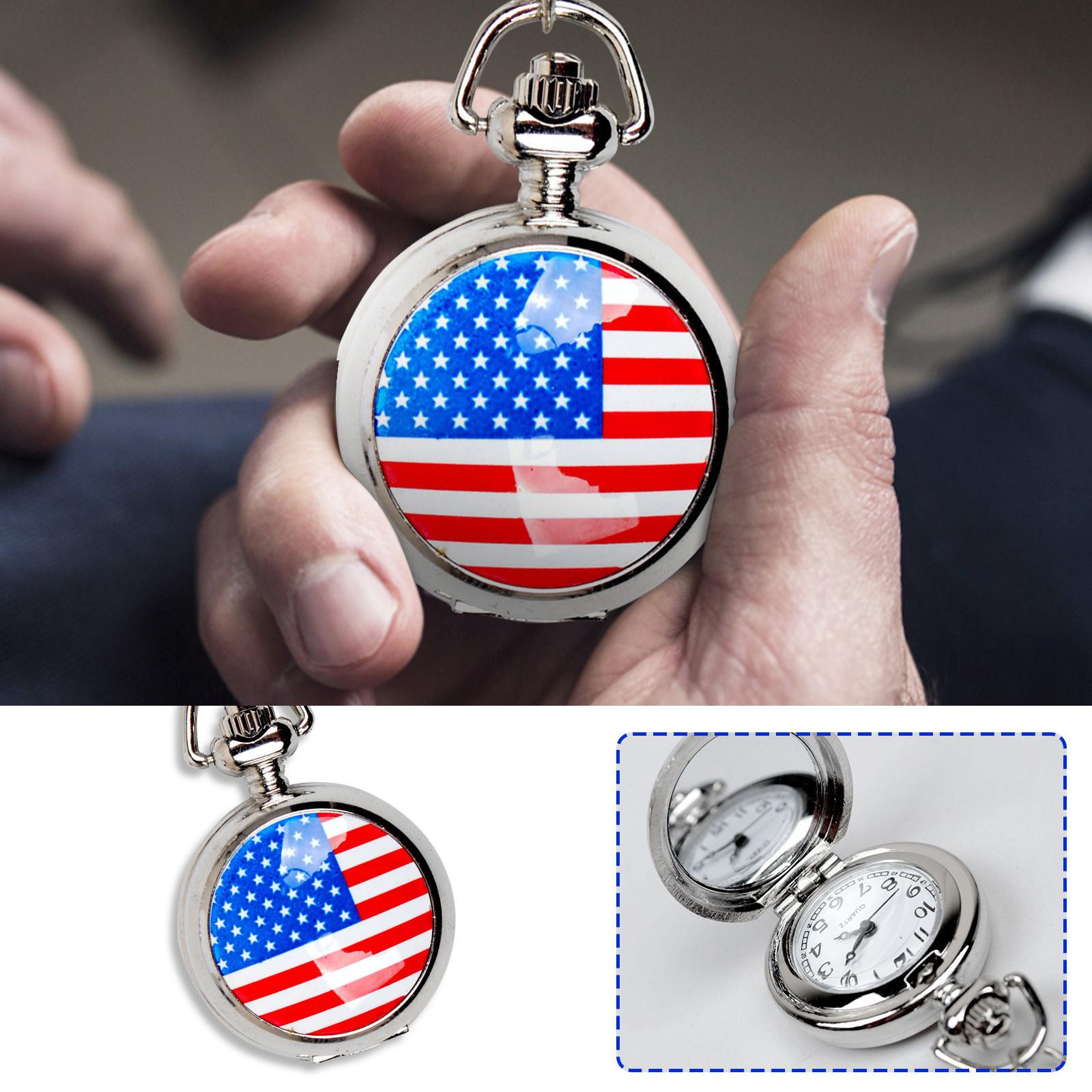 

Pocket Watch Necklace with American Flag Pattern Quartz Movement Chain Pendant for Men and Women Classic Round Case Design One Size срібний
