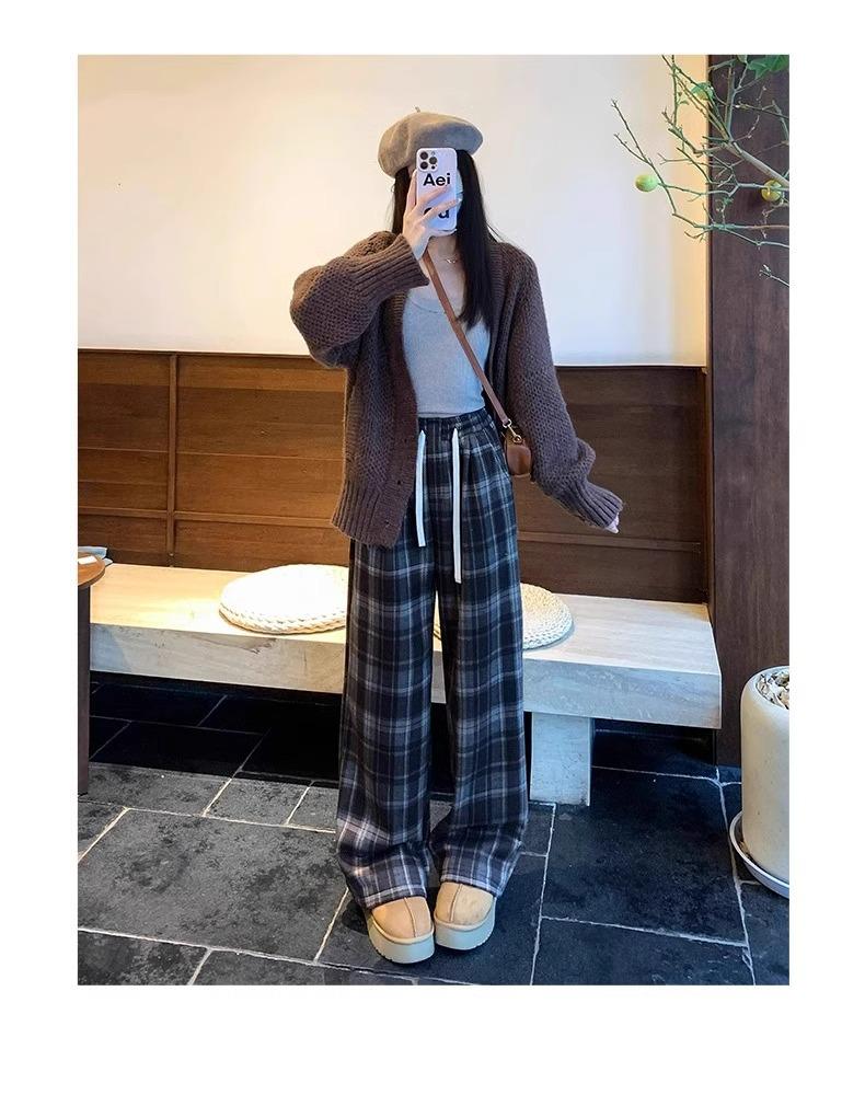 150cm Christmas Plaid Wide-Leg Pants for Petite Women - Autumn & Winter Casual Versatile Outfit