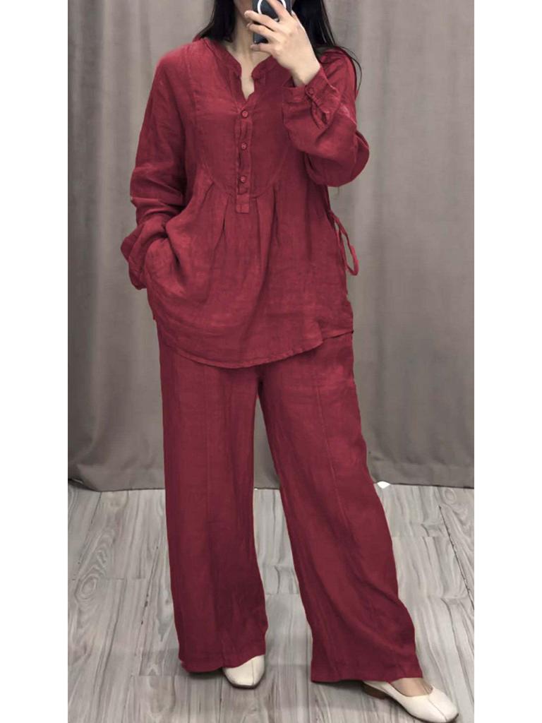Autumn Fashionable Cotton Linen Long Sleeve Casual Drawstring Pants Set