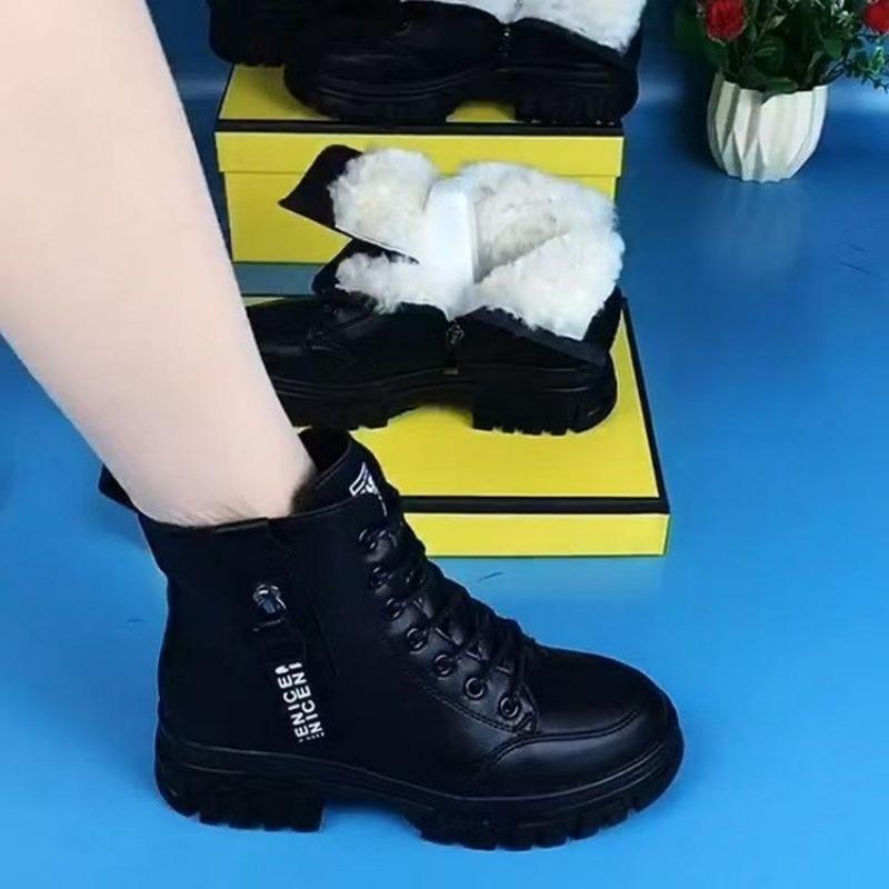 Real soft leather snow boots women's fur integrated fleece thermal cotton boots four seasons Martin boots women's thick heel leather boots