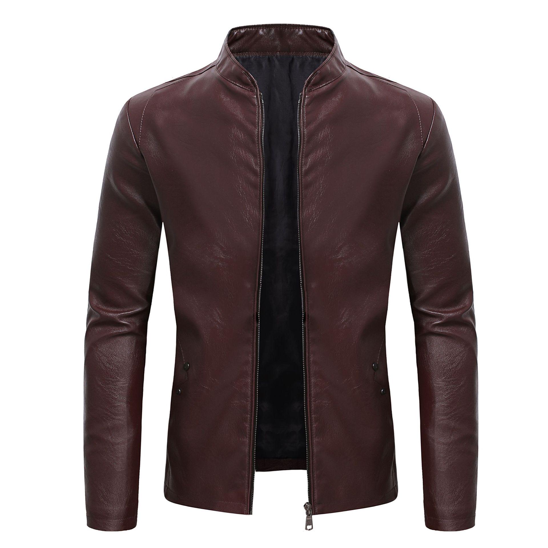 

Men s Autumn/Winter Slim Fit Stand Collar Motorcycle Leather Jacket Large вина червоного кольору