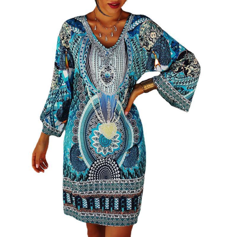 Spring and Autumn Women's Ethnic Style Printed Long-sleeved V-neck Casual Dress