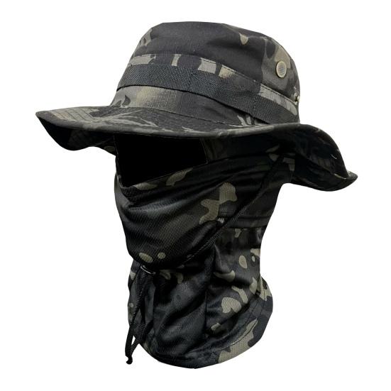 Camouflage Sonnenhut mit Sturmhaube Gesichtsmaske, UV-Schutz Herren Hut mit breiter Krempe, Atmungsaktiver Fischerhut für Outdoor Angeln Wandern Radfahren