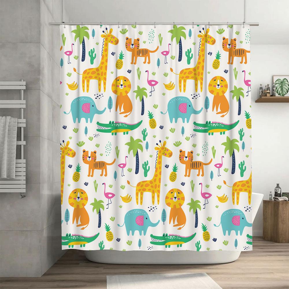 Conjunto de Cortina de Chuveiro Estampa Animal Desenho Animado Girafa Leão Elefante Hipopótamo Jacaré Tigre Rosa Cacto Plantas Verdes Decoração de Banho Multicolorido
