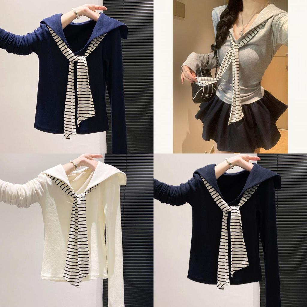 Minimalist Long Sleeve T Shirt For Women With Striped Pattern And Crew Neck For Casual Wear