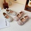 Girls Flats Back Lace Bows Kids Princess Shoes Flowers Sweet 2025 New Children Leather Shoes Round Toes Shiny Sequins Non-slip