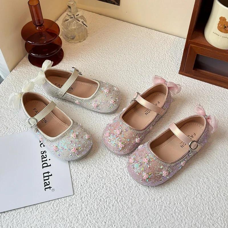 Mädchen Ballerinas Schnürung hinten Schleifen Kinder Prinzessin Schuhe Blumen Süß 2025 Neu Kinder Lederschuhe Runde Zehen Glänzende Pailletten Rutschfest
