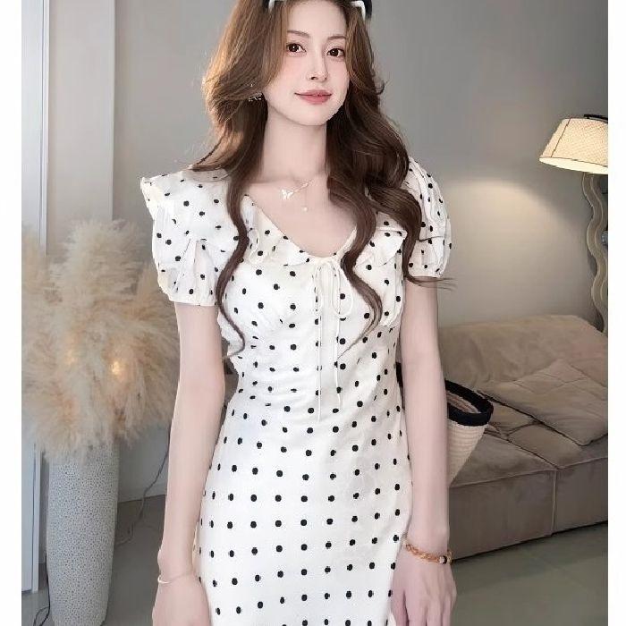 Real shot~ Lotus leaf edge bubble sleeve polka dot dress children's summer new French temperament waist dress