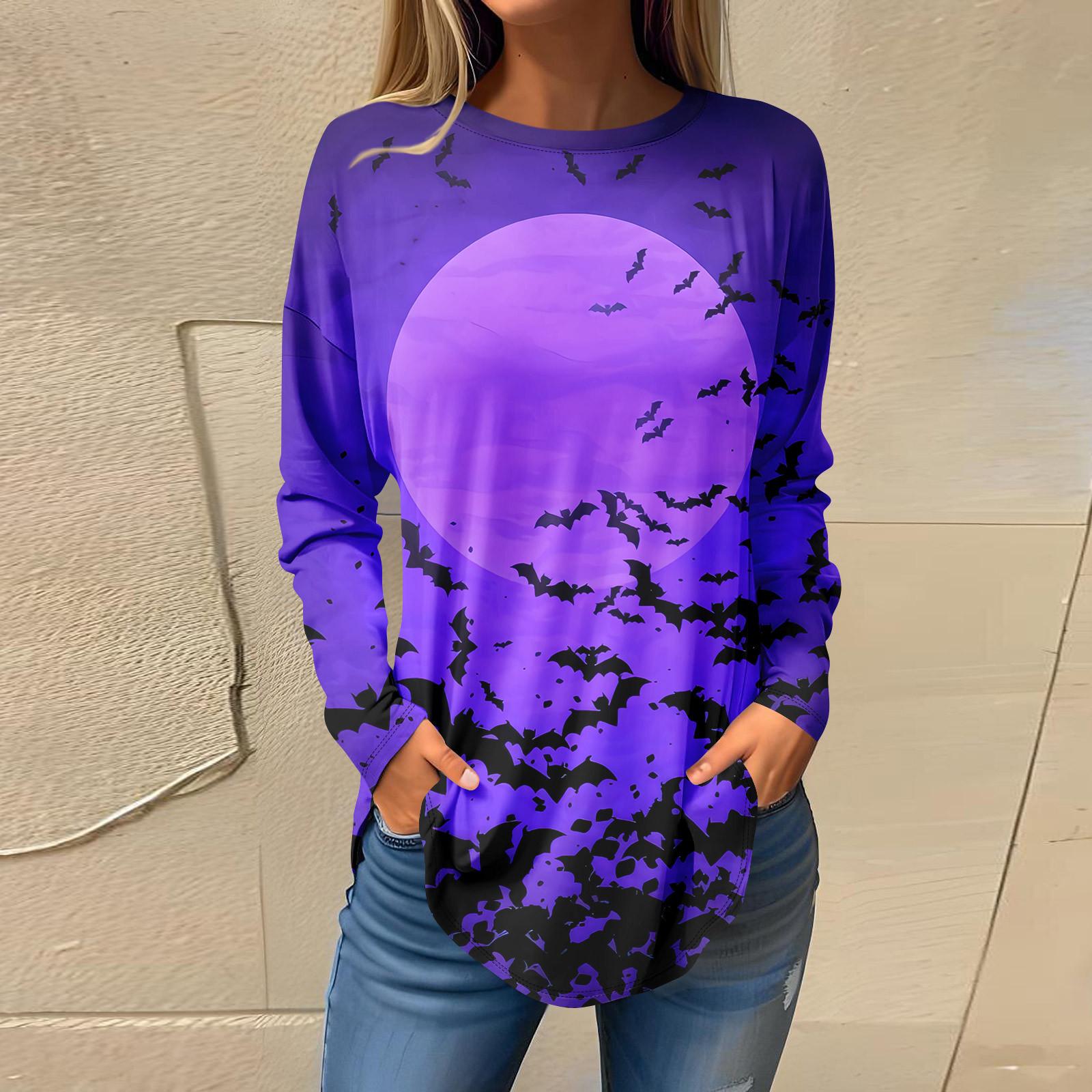 

Футболки для женщин, осенние повседневные рубашки с длинным рукавом, толстовка с принтом на Хэллоуин, топ, пуловер S фиолетовый