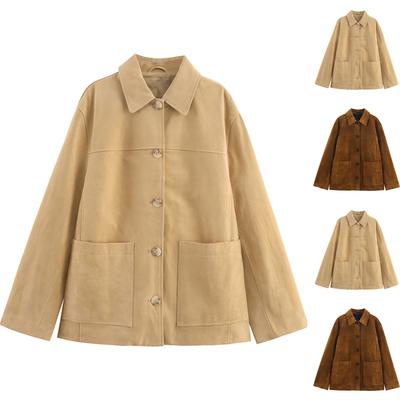 Women's Fashionable Suede Solid Color Loose Fit Suede Leather Long-Sleeved Jacket