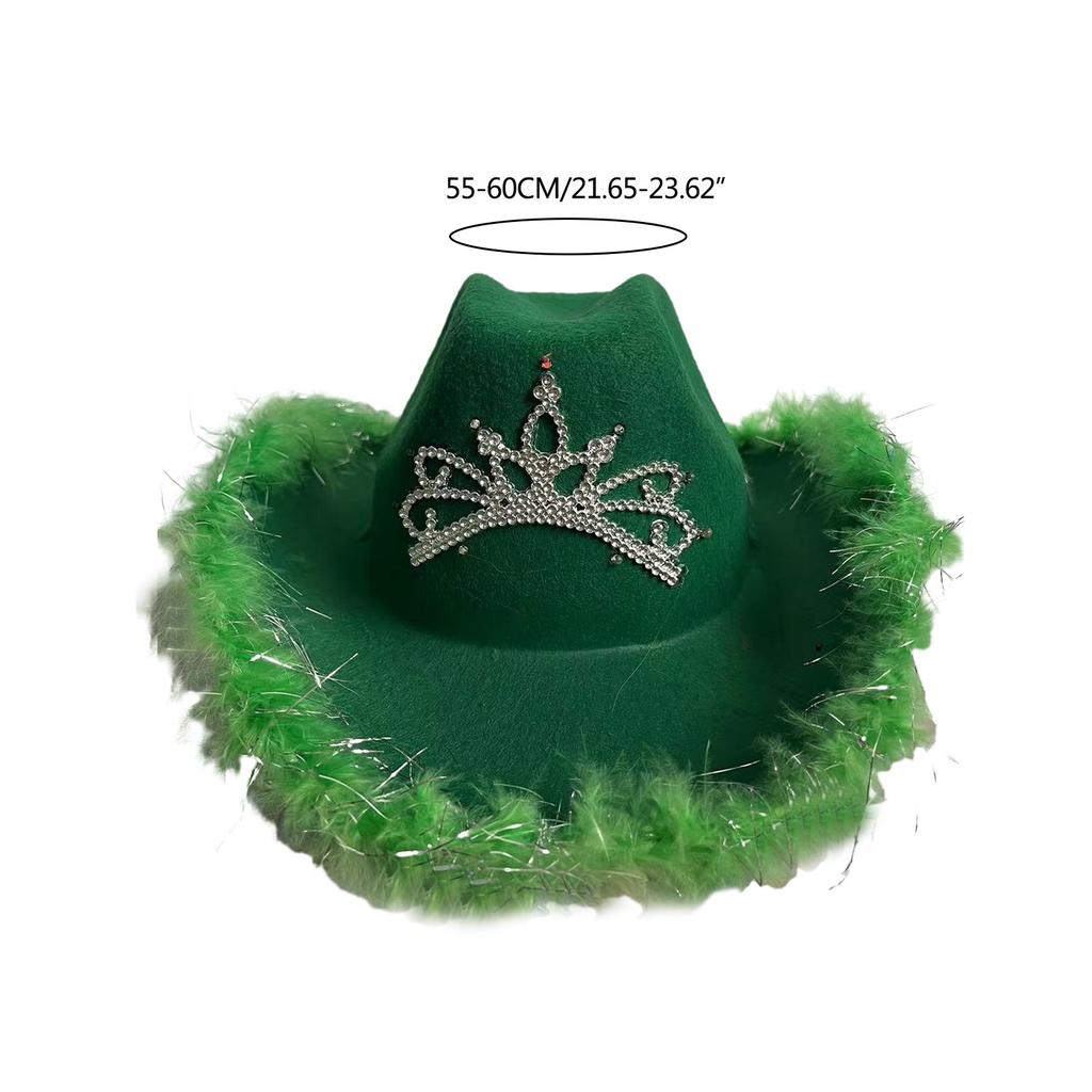 Wedding Party Cowboy Hat Adult Woman LED Feather Tinsel Brim Hat Fedoras Felt Cowboy Hat with Rhinestone Crown Decor
