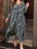 Women's Floral Print Round Neck Long Sleeve Maxi Dress - Versatile, Slimming, Loose Fit