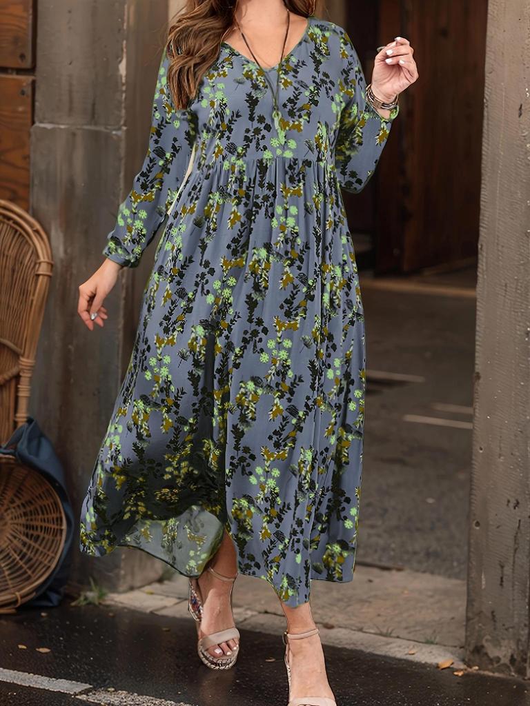 Women's Floral Print Round Neck Long Sleeve Maxi Dress - Versatile, Slimming, Loose Fit