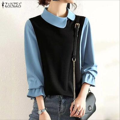Blusa Casual da Donna con Colletto a Bambola Maniche 3/4 Ampia Patchwork