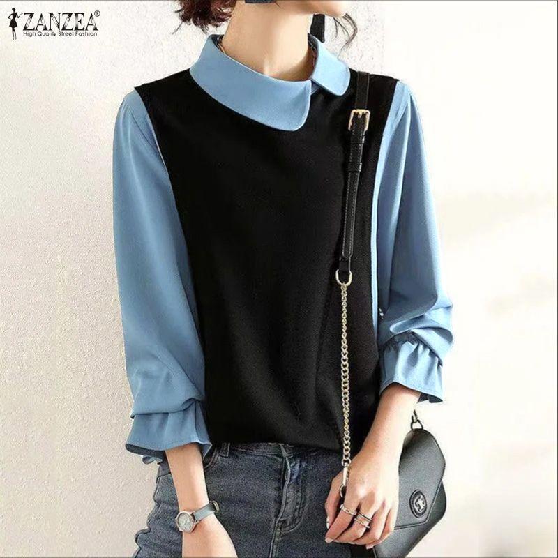 ZANZEA Bluză casual de damă cu guler păpușă, mâneci 3/4 largi, patchwork