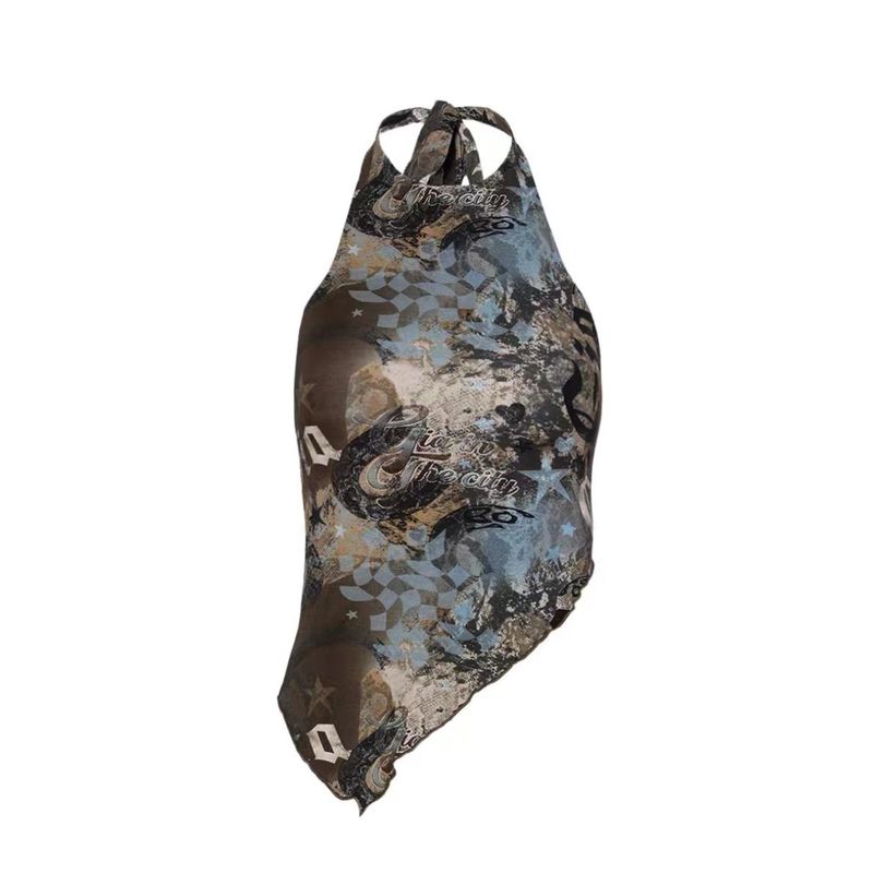 

Iamgia Fashion Sexy Sexy Asymmetrical Halterneck Tied Spaghetti-Strap Vest Waist-Baring Slim-Fit Midriff-Baring Top Isn Picture Color S