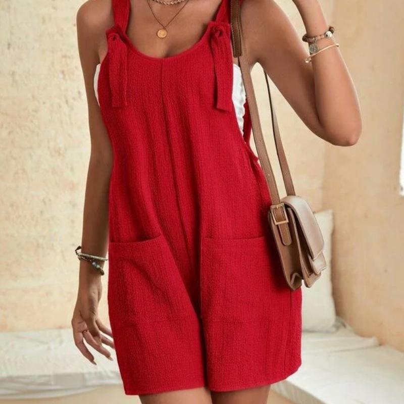 Women Summer Jumpsuit Casual Sleeveless Short Overalls Strappy Romper Simple Loose Fit Solid Color with Pockets for Office Streetwear Travel Beach