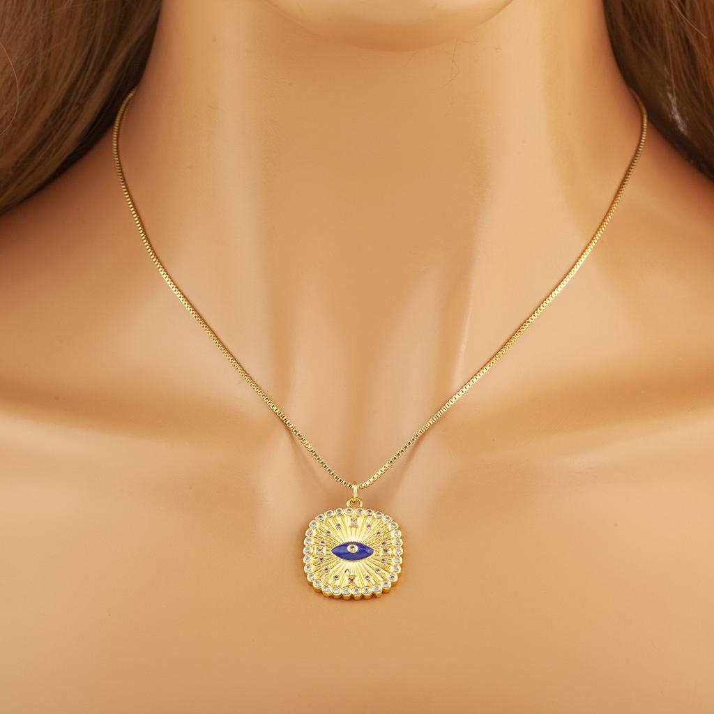 Nidin New Trendy Square Shape Evil Eye Charm Pendant Necklace For Women Men Copper Shiny Crystal Zircon Clavicle Chain Jewelry