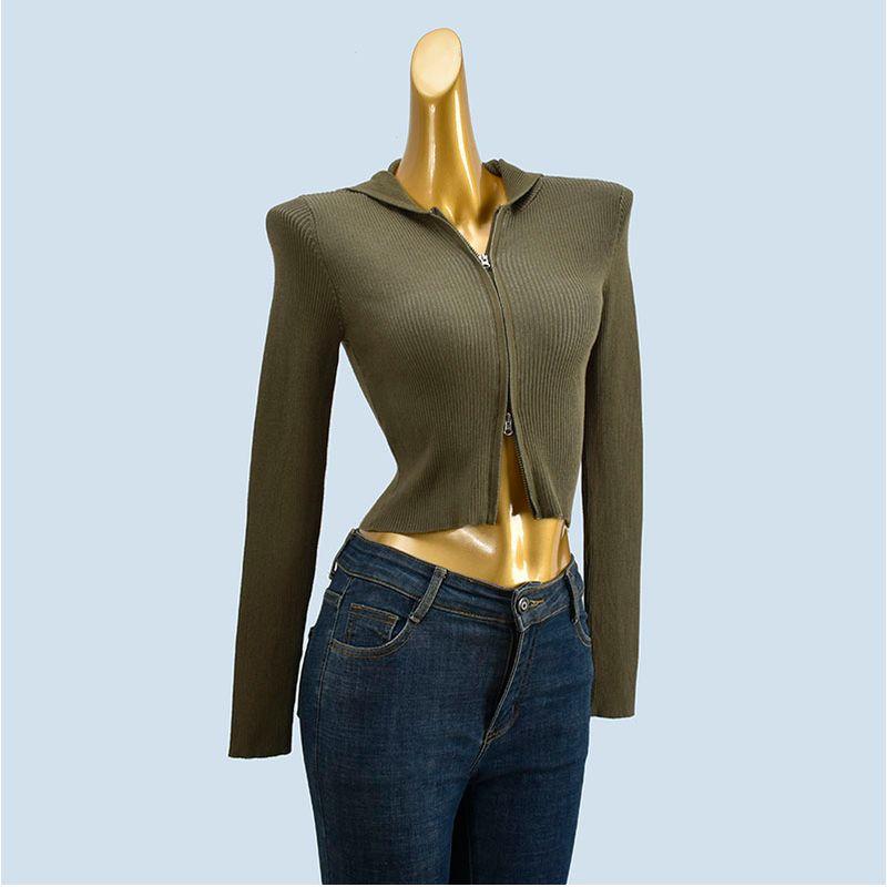 Export Yuan Single and Double Zipper Short Slim-Fit Knitted Cardigan Sweater Women's Spring and Autumn Stylish Trendy Long Sleeve Top
