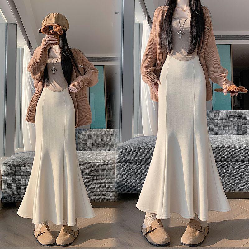 

Off-White Fleece-Lined Woolen Mermaid Skirt - High-Waisted 2025 Autumn/Winter Mid-Length Skirt for Women S