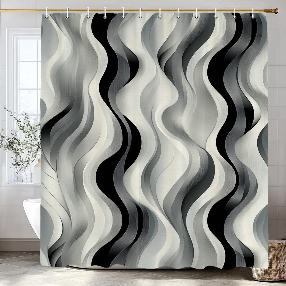 Black Wave Line Geometric Modern Minimalist Art Shower Curtain Printed Fabric Bathroom Decorative Shower Curtain With Hooks