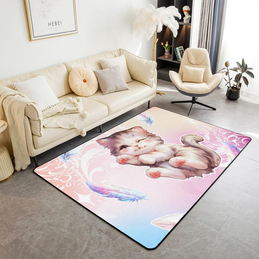 Cute Cat Area Rug,Cartoon Kitty Pet Animals Decor Non Shedding Rug for Kids Teen Adults,Starry Galaxy Decorative Carpet for