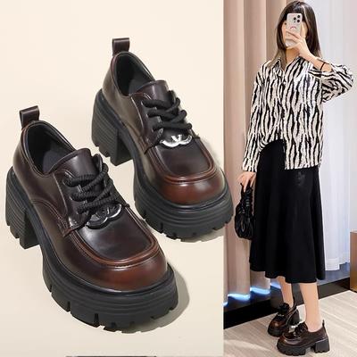 Retro Platform Loafers Women'S Leather Velcro Thick Heel Round Head Versatile Fashion British Small Leather Shoes