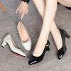 Spring new round toe high heels, thick heels, patent leather women's professional work shoes, temperament, four seasons bright leather shoes