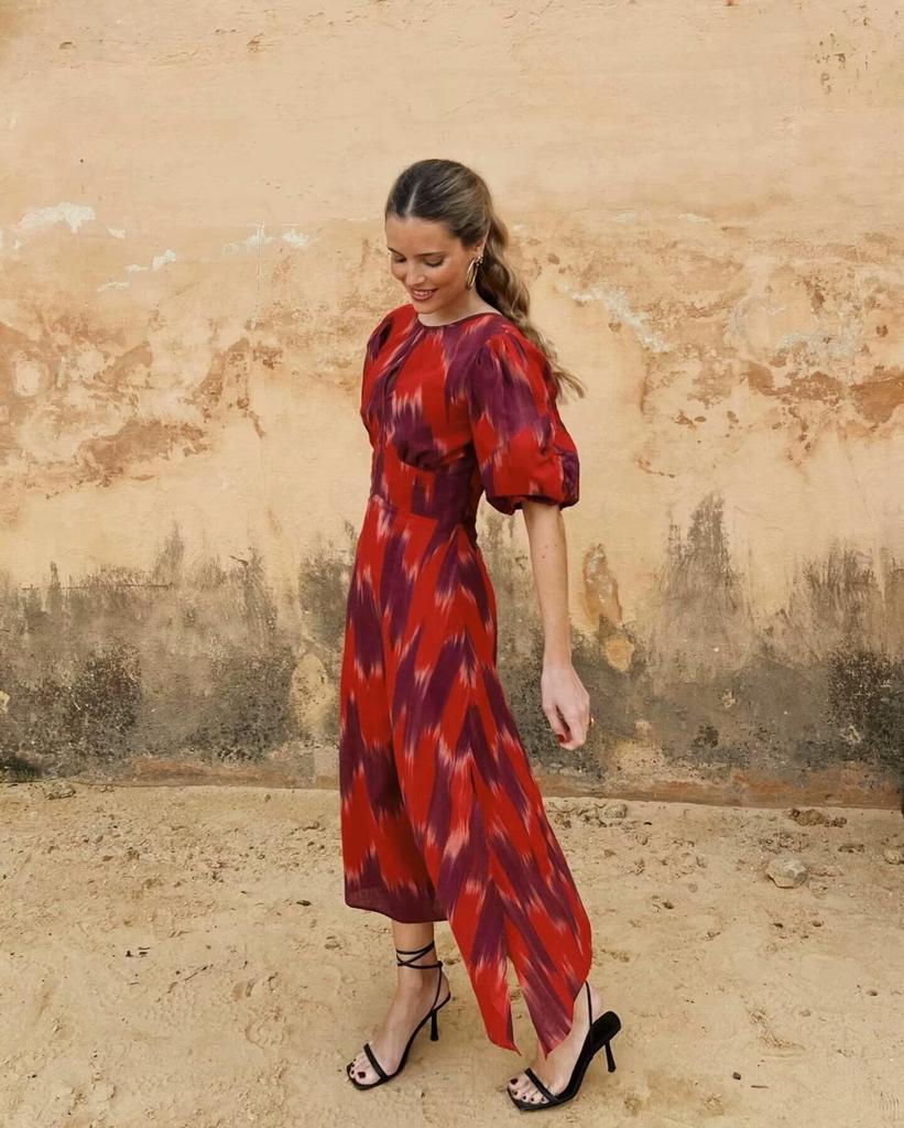 2024 Sommer Europäisches & Amerikanisches Damen Rundhals Bedrucktes Schnürkleid