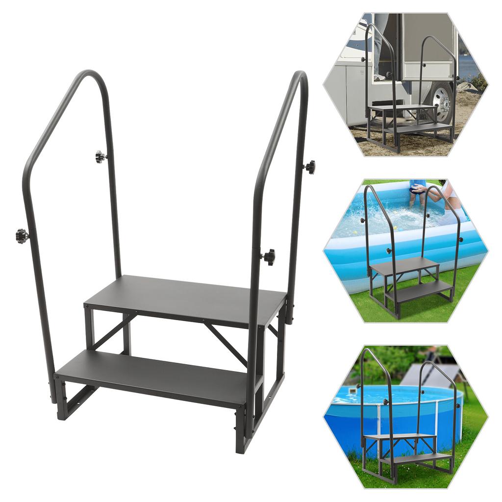 RV Step Ladder 2-Step with Handrail Portable Steel Stairs 450lbs Load for Hot Tub Spa Mobile Home