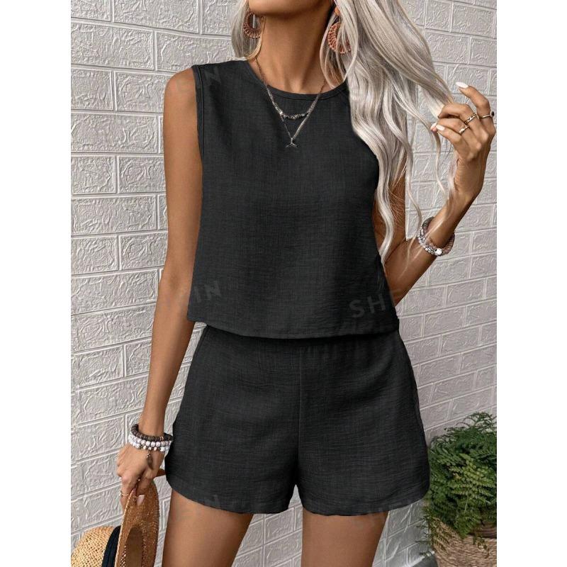 Women's Solid Color Sleeveless Vest Shorts Casual Fashion Two Piece Suit