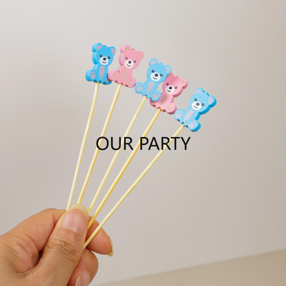 100Pcs Colorful Bear Theme Bamboo Fruit Forks Gender Reveal Buffet Dessert Pick for Kids Birthday Baby Shower Party Decoration 5