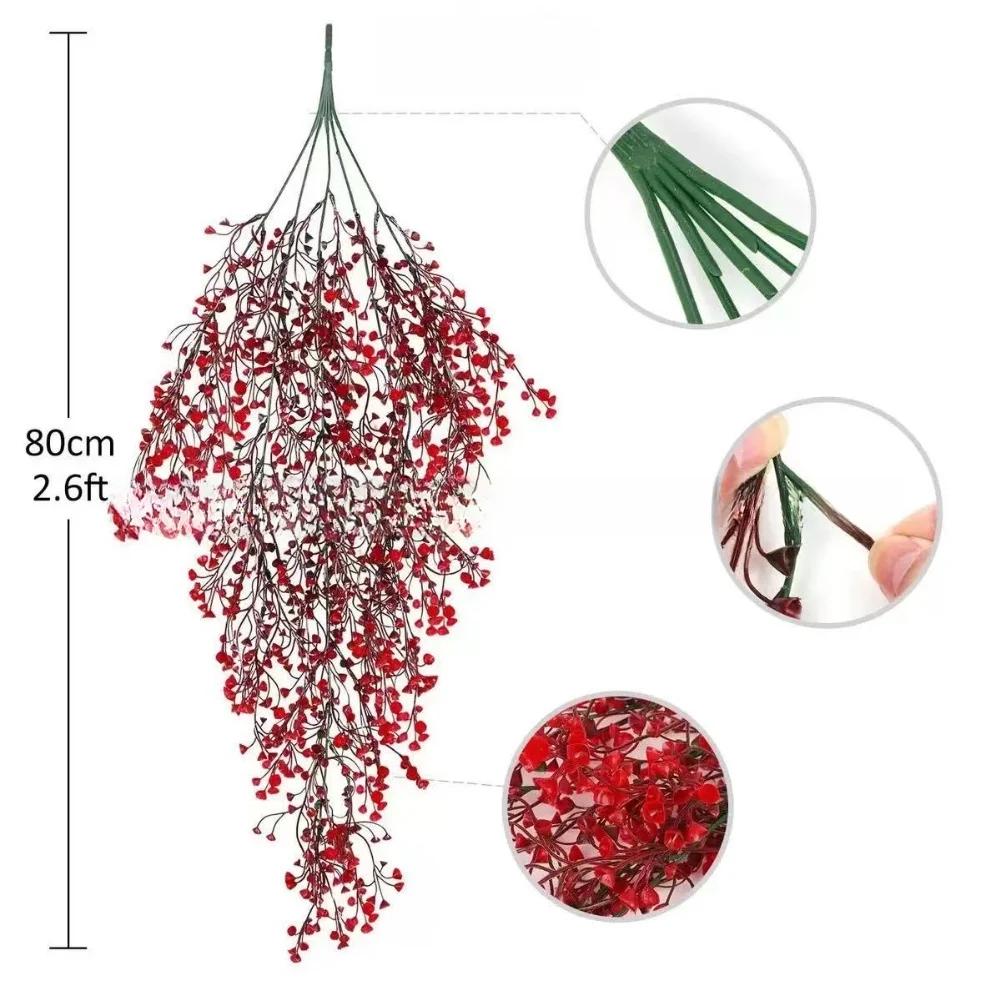 Artificial Hanging Plants 4 Pack Faux Plastic Vine with Red Flower Green Decoration for Indoor Outdoor Balcony