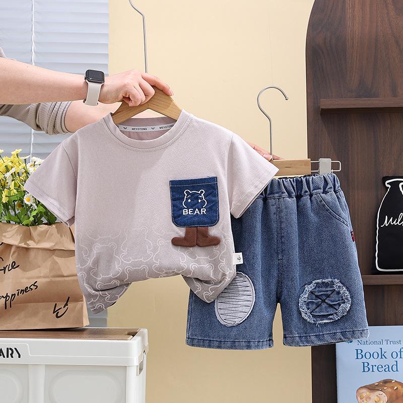 Boys' Summer Denim Shorts & T-Shirt Set - Kids' Casual Crew Neck Two-Piece Outfit