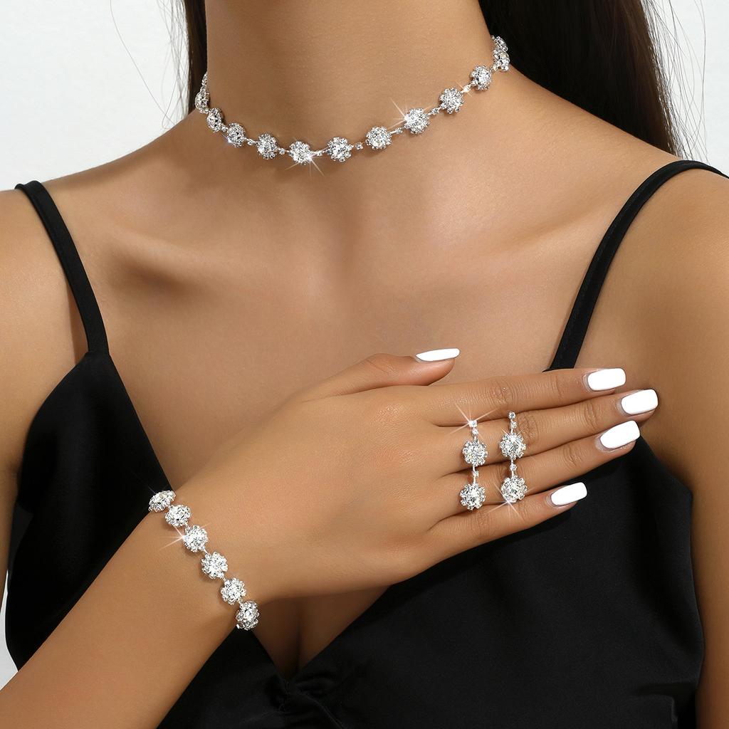 Bridal Flower Diamond Necklace Earrings Bracelet Three-Piece Set