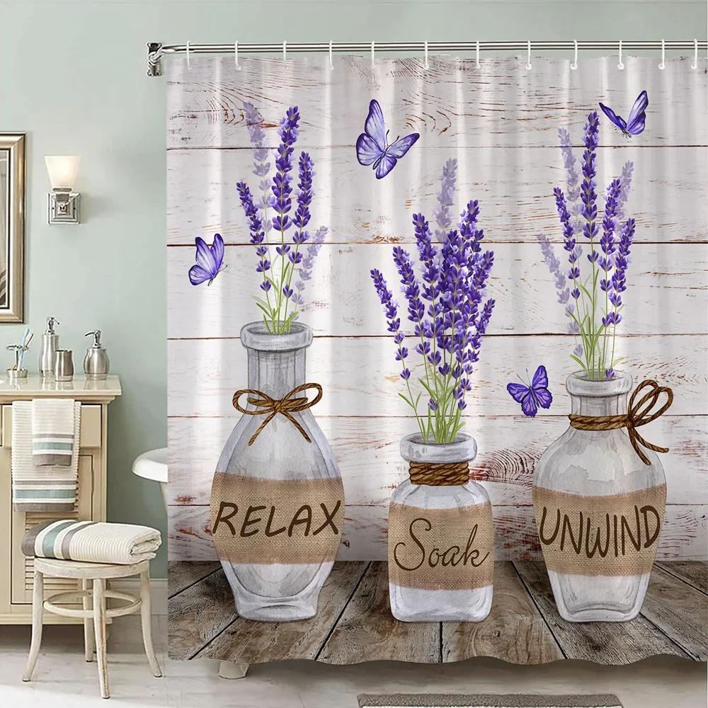 Rustic Wooden Panel Floral Shower Curtain Hummingbird Sunflower Lavender Polyester Fabric Bath Curtain Bathroom Decor with Hooks