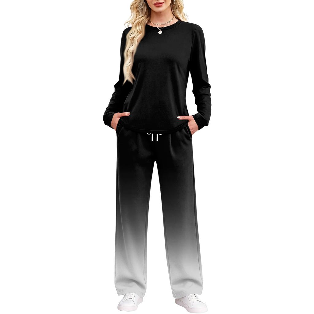 Women's Pajama Set with Pockets, Round Neck Long Sleeve Loose Fit Printed Casual Loungewear for Sleeping at Home