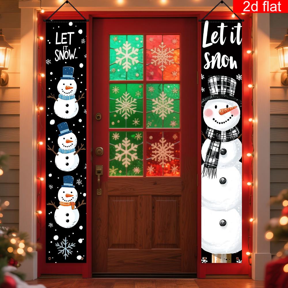 2D Flat, 2D flat banners, 1 Pair Welcome Winter Party Banners,, Cute Snowman, Let It Snow Pattern Design, Front Door Porch Sign Banner Suitable for In