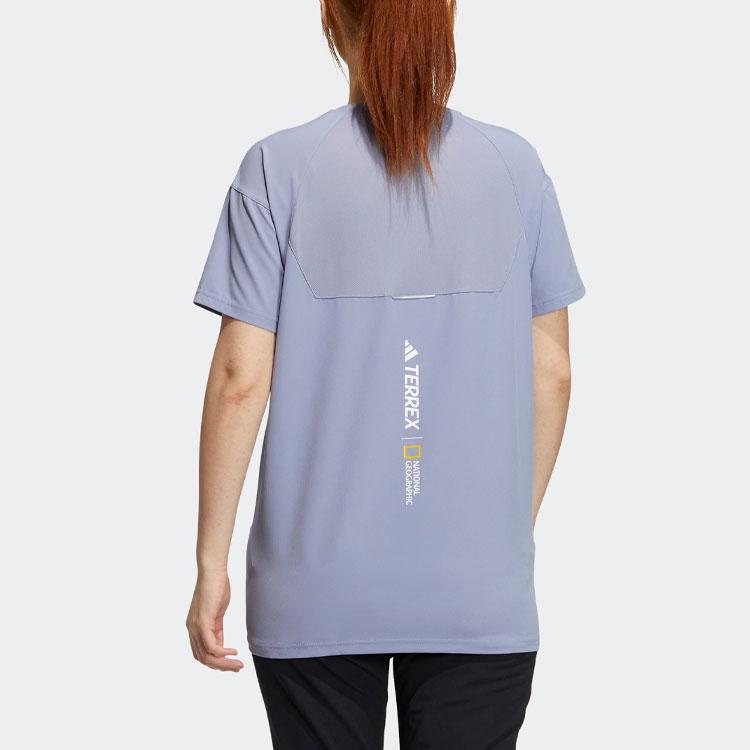 Adidas X National Geographic Logo Print Round Neck Short Sleeve T-Shirt Women Tops Silver-Grey Violet IC1996