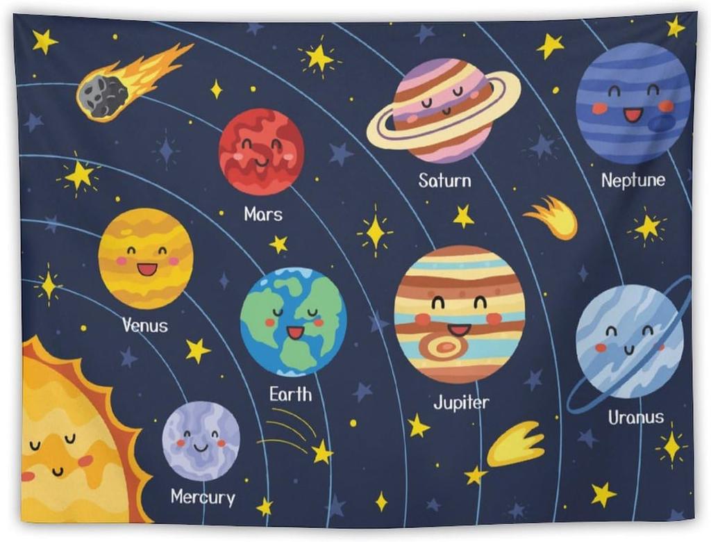 Cartoon Solar System Tapestry for Kids Boys Girls,Cute Outer Space Planet Universe Galaxy Print Tapestry Wall Hanging Home Décor