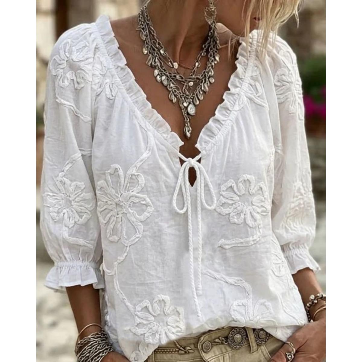 Women s Embroidered Jacquard V Neck Ruffle Trim Drawstring Blouse Top for European American S